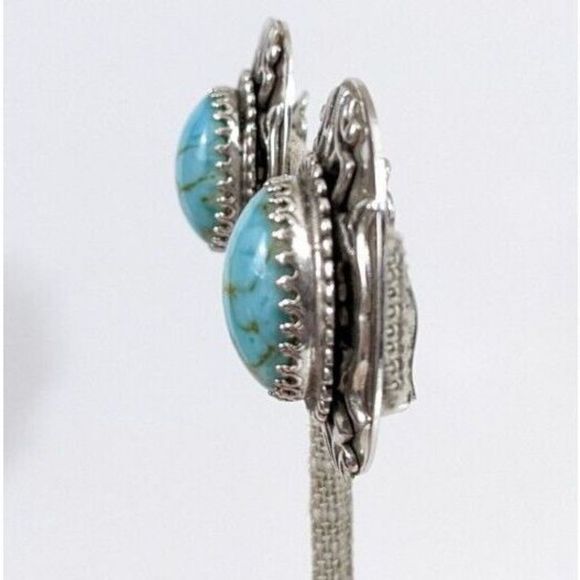 Large Oval Turquoise Art Glass Whiting And Davis Clip On Earrings - Vintage - Picture 7 of 10